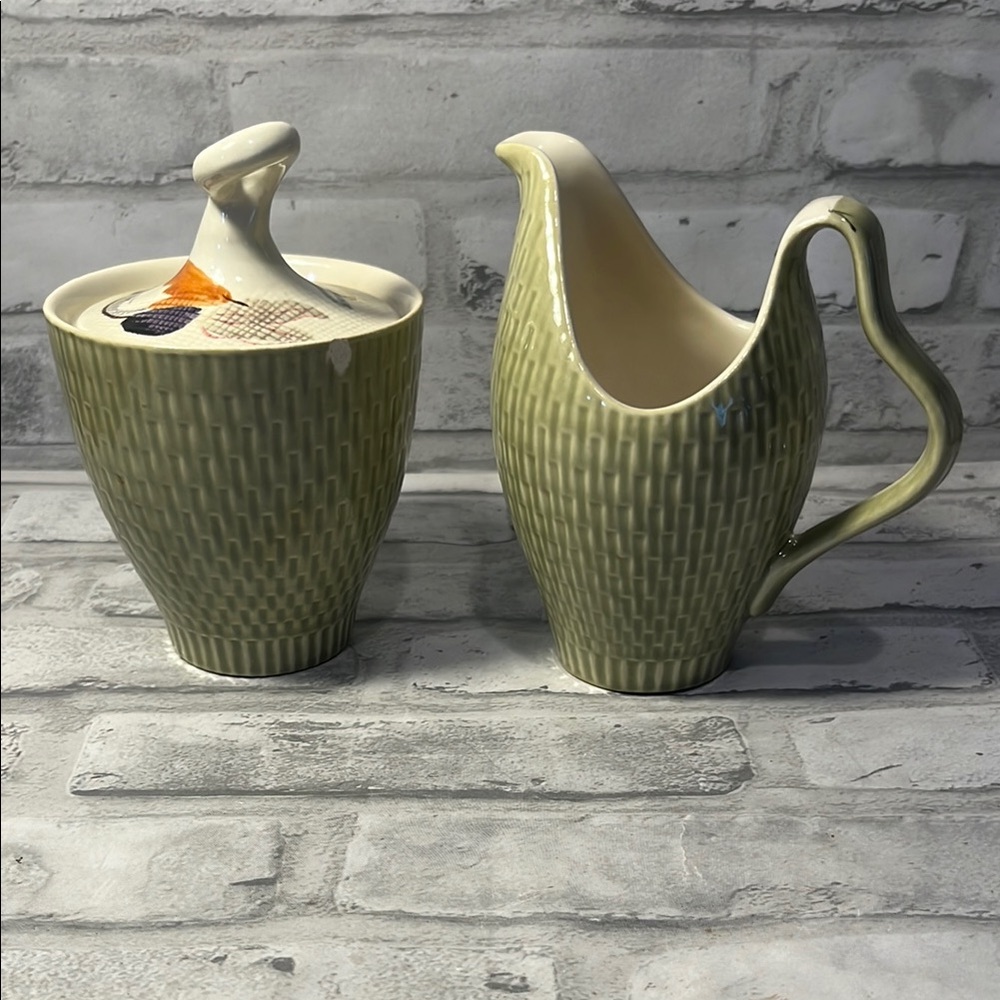 Vintage Red Wing MCM Elegant Cream and Green Ceramic Pitcher and Sugar Bowl Set